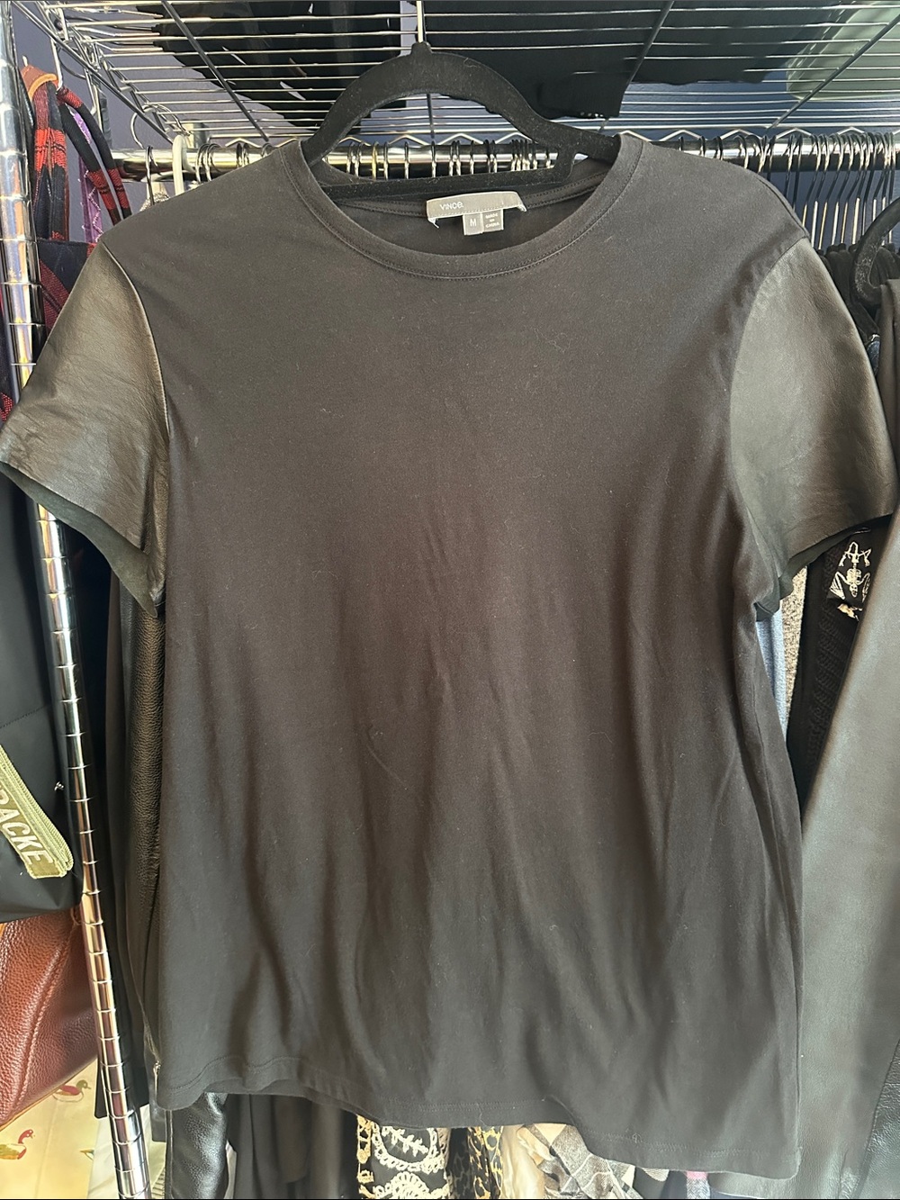 Vince Black Tee with Real Lamb Leather Short Sleeves